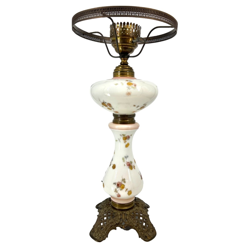 Vintage Porcelain Converted Table Oil Lamp 14" 120V‎ Floral White Metal Antique